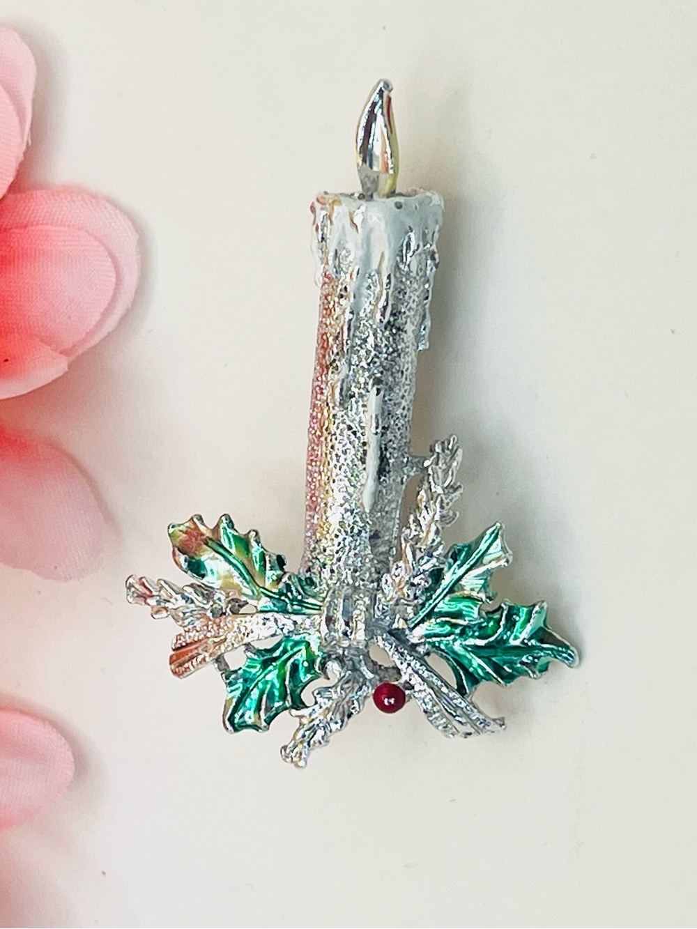 Silver Holiday Candle Brooch with Green Holly Accent